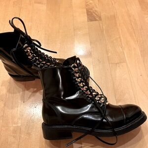 JEFFREY CAMPBELL Damon Lace-Up Bootie Black & Gold Leather Size 6.5M